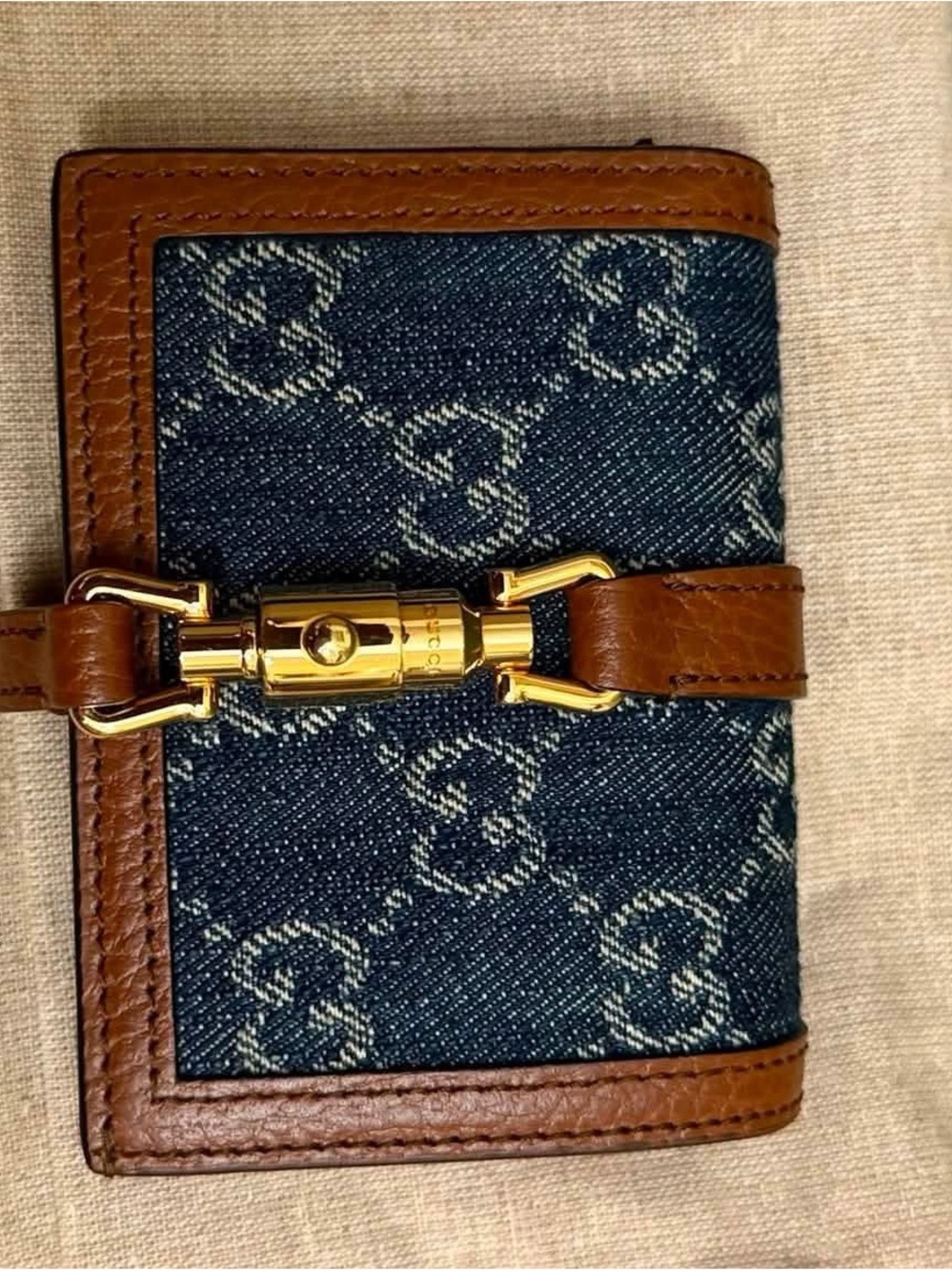 Gucci Blue GG Denim Wallet with Brown Leather Trim and Brass Horsebit - Picture 2 of 9